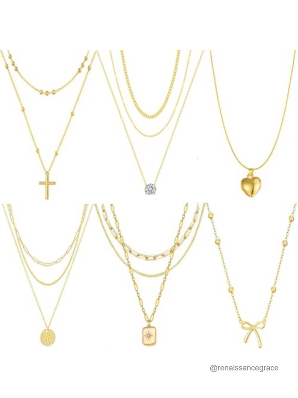 Gold Plated Necklace Set for Women - 6 Piece Dainty Layered Pendants